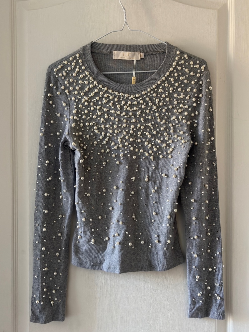 Embellished Grey Pearl-Accented Long Sleeve Sweater
